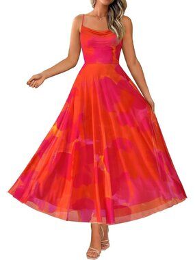 Women's Summer Floral Maxi Spaghetti Strap Orange Red Printed Beach Dress
